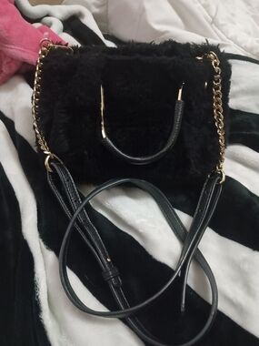 Isaac Mizrahi Black Faux-Fur Crossbody Bag with Gold Chain